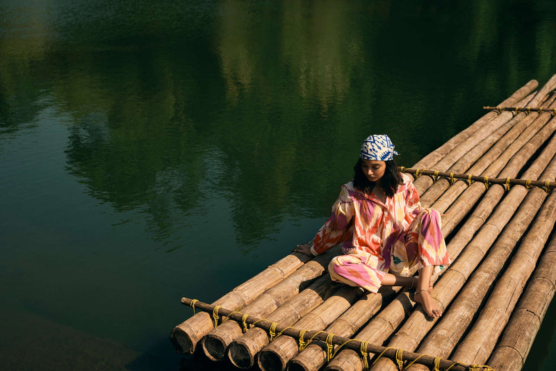 trueBrowns Pink Cotton Ikat Shirt Co-ord Set